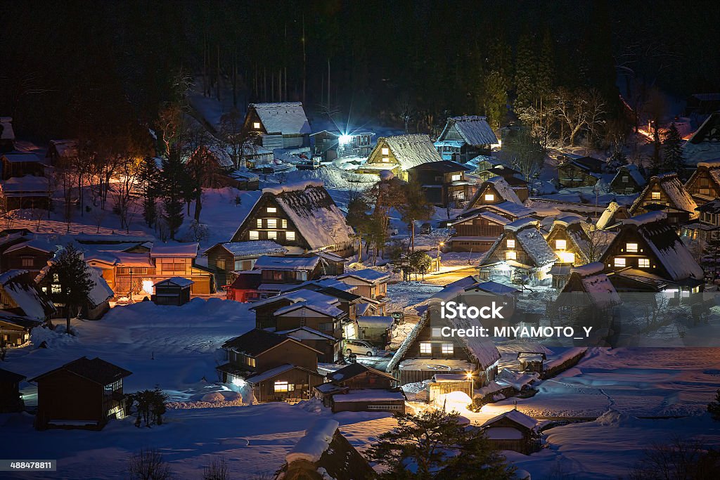 Shirakawa-go in the night This scene is Shirakawa-go in winter night in Japan. Shirakawa-go Stock Photo