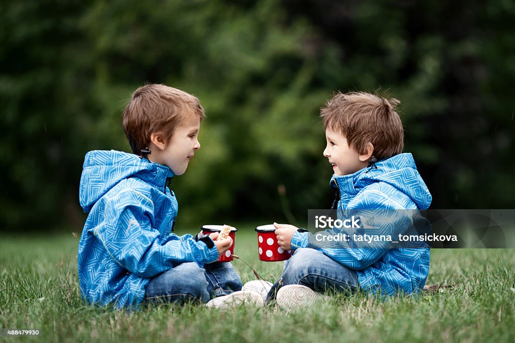 Two beautiful boys, brothers, sitting on a lawn, autumn time Two beautiful boys, brothers, sitting on a lawn, autumn time, drinking tea and eating cookies in the park 2015 Stock Photo