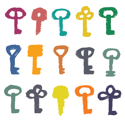Vector Brush Strokes Keys Set. Paint texture, grunge design. Funny colorful design elements. Unlock icon, password symbol, account log in sign. Painted keys isolated on white. Hand drawn key image.