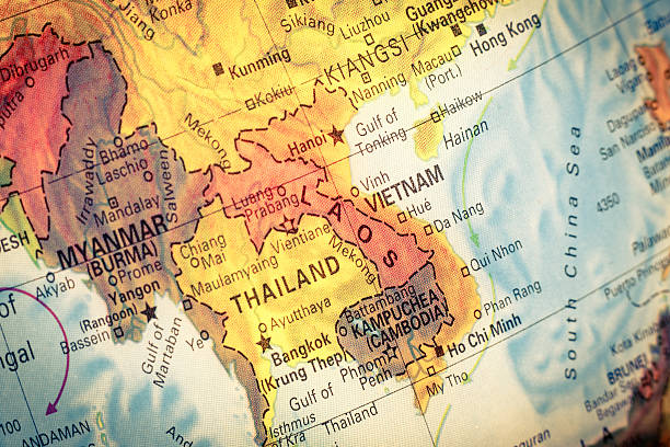 Map of Kampuchea,Cambodia. Close-up image Vintage Map Kampuchea ,Cambodia.  Close-up macro image of South East Asia  map . Selective focus on Cambodia indochina stock pictures, royalty-free photos & images