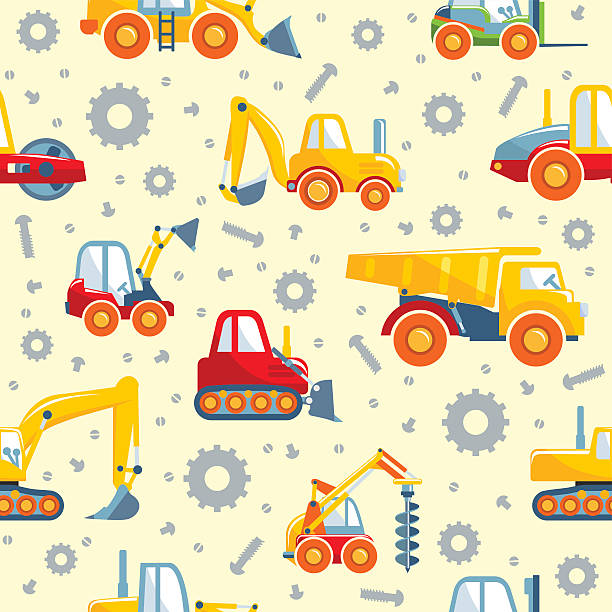 игрушки тяжелых строительные машины бесшовный узор - industrial equipment dump truck bulldozer mining stock illustrations