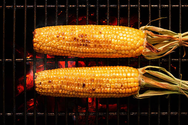 conjunto de maíz en grill - maíz tierno fotografías e imágenes de stock