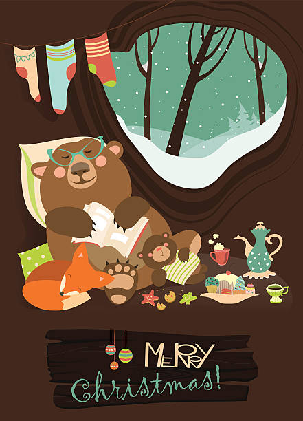 słodkie niedźwiedź z młode i little fox spania w jego - christmas christmas tree snow illustration and painting stock illustrations