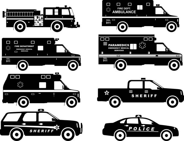 ilustrações de stock, clip art, desenhos animados e ícones de conjunto de diferentes silhuetas de camião de bombeiros, de polícia e ambulância automóveis. - travel healthcare and medicine emergency services urgency