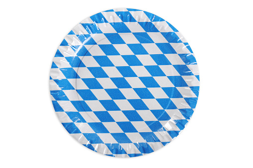 Original Bavarian paper plate from Germany with diamond pattern. Classic beer tent decoration. Isolated on white.