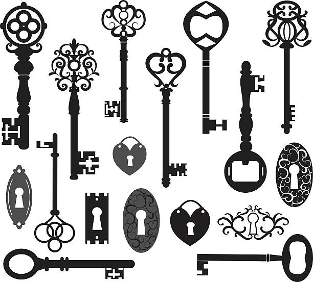 illustrazioni stock, clip art, cartoni animati e icone di tendenza di chiavi silhouette - skeleton key
