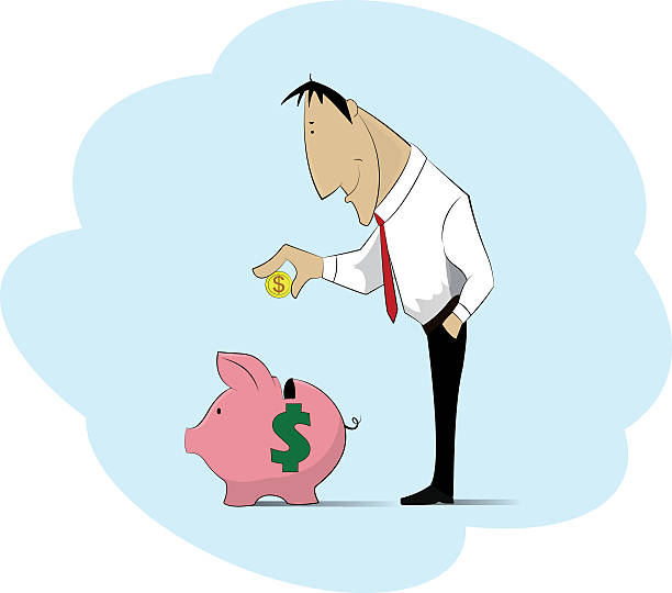 mann sammeln geld in sparschwein. - slim piggy bank cartoon currency stock-grafiken, -clipart, -cartoons und -symbole