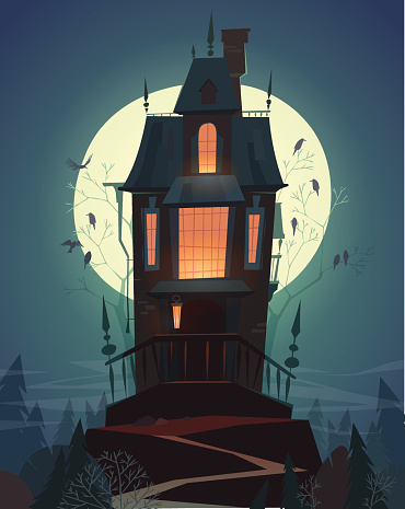 Night landscape with an old spooky house in moon light.