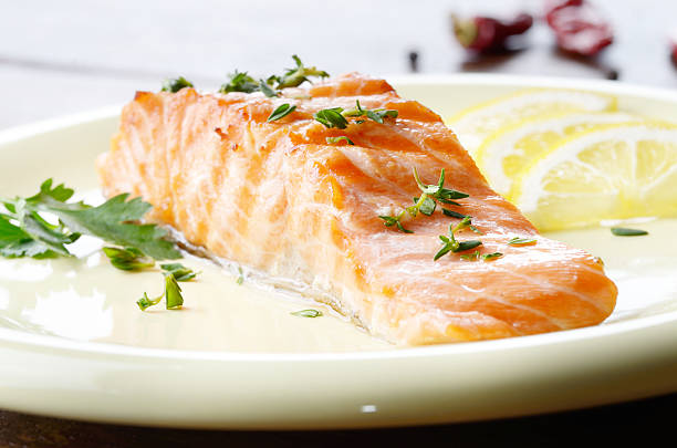 istock Fried salmon fillet 488494226