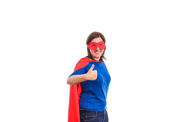 istock Woman superhero with red cape. 488495446