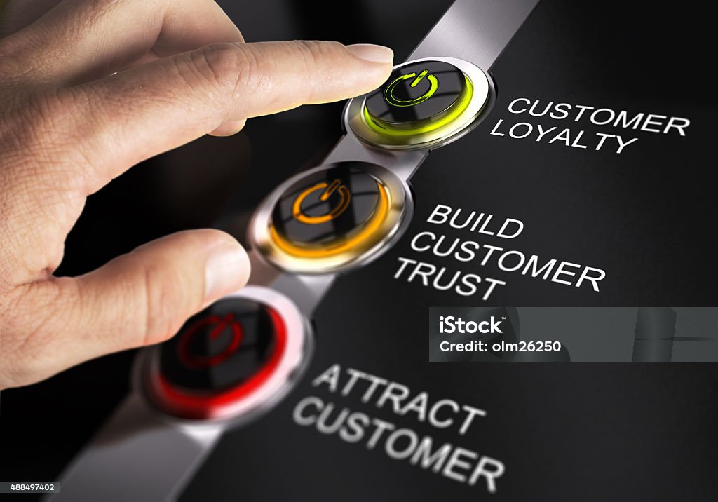 Sales Process Finger about to press customer loyalty button. Concept for illustration of sales process. Loyalty Stock Photo