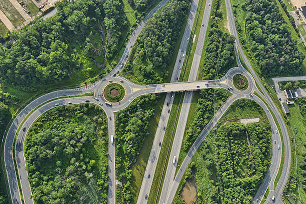 하늘에서 바라본 도로 교외 지역에 호보컨 - traffic roundabout 뉴스 사진 이미지