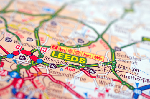Leeds in England on a road map
