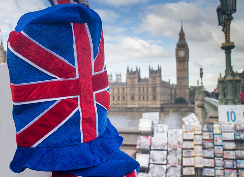 Close up of Union Jack Flag Hat with Parliament in the background