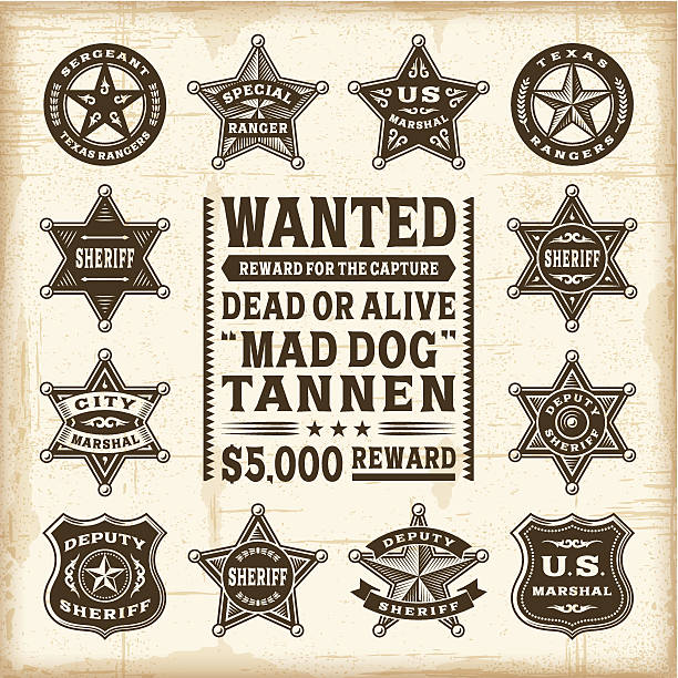 ilustrações de stock, clip art, desenhos animados e ícones de antigo xerife, marechal e ranger badges set - sheriff