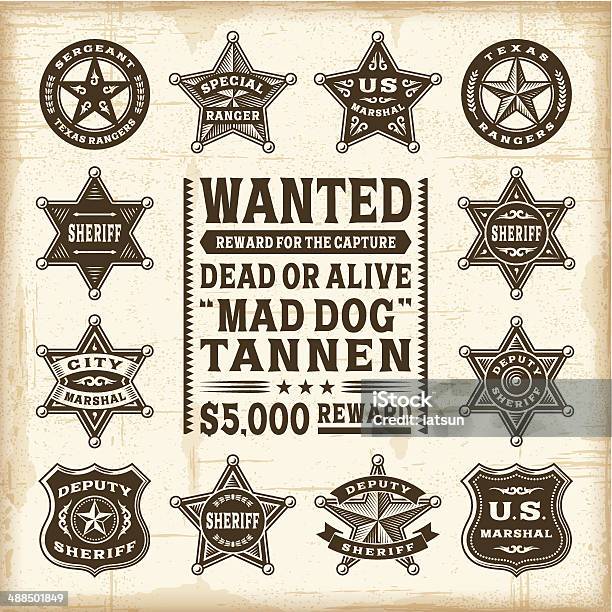 Vintage Sheriff Marshal And Ranger Badges Set Stock Illustration - Download Image Now - Police Badge, Wild West, Star Shape