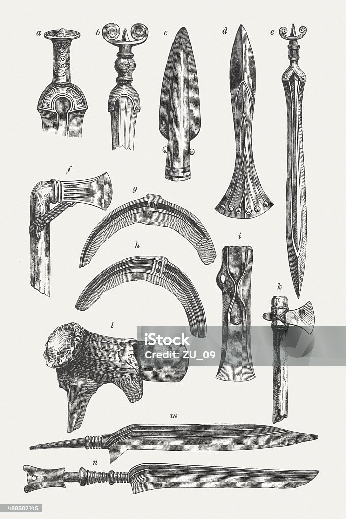 Weapons from the Bronze Age, wood engraving, published in 1876 Weapons and tools from the Bronze Age: a+b) Sword hilts (findings from Denmark); c) Spearhead; d) Dagger; e) sword (c-e: findings from lakes in Switzerland); f+k) Fixing of hatchets with cord; g+h) Bronze sickles; i) Bronze hatchet, l) Stone hatchet (Fixing in a deer antler); m+n) Bronze knife (g, h, m, n: findings from Riedau, Austria). Woodcut engraving from my archive, published in 1876. Bronze Age stock illustration