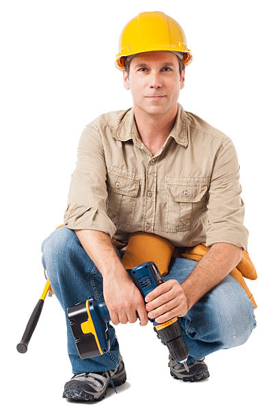 строительного подрядчика carpenter на белом - manual worker full length isolated on white standing стоковые фото и изображения