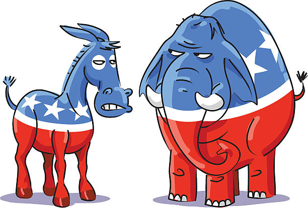 Democratic Donkey Vs Republican Elephant Vector illustration of an angry Democratic donkey and Republican elephant looking at each other. Political caricature on white background.  democratic party usa stock illustrations
