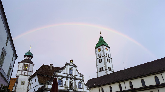 Rainbow above city of Wangen im Allgaeu, Germany.