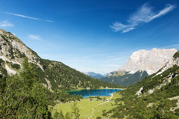 istock idyllic blue mountain lake in austrian alps with blue sky 488516810