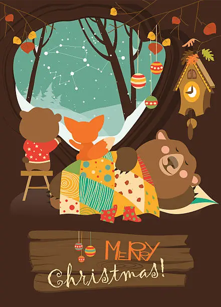 Vector illustration of Cute bear and little fox watching snow from den