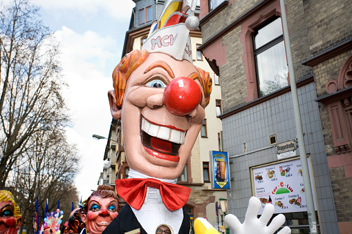 Mainz, Germany - February 20, 2012: Schwellkopp at the Rosenmontagszug (carnival parade) in Mainz, Germany. The so called Schwellkoeppe are traditional carnival figures of the Mainzer Carnevals Verein. They are a perment feature of the parade. Rosenmontagszug in Mainz is one of the largest and most famous carnival parades in Germany with approx. 500.000 spectators