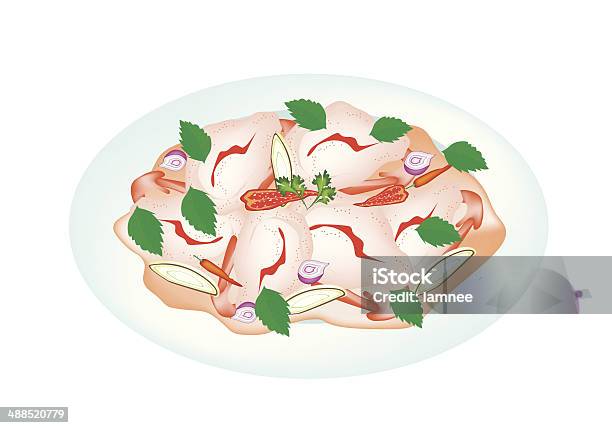 Ilustración de Deliciosa Comida Tailandesa En Un Plato De Ensalada De Camarones y más Vectores Libres de Derechos de Ajo