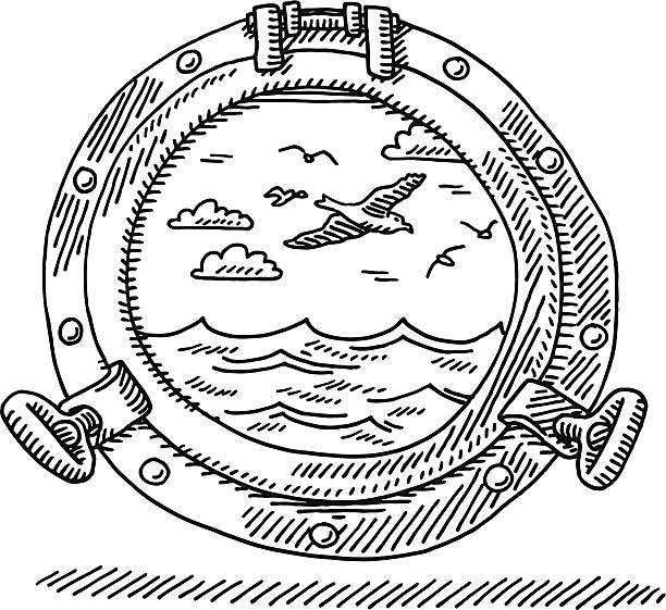 Porthole Seascape Drawing Hand-drawn vector drawing of a Porthole and a Seascape. Black-and-White sketch on a transparent background (.eps-file). Included files are EPS (v10) and Hi-Res JPG. riveting stock illustrations