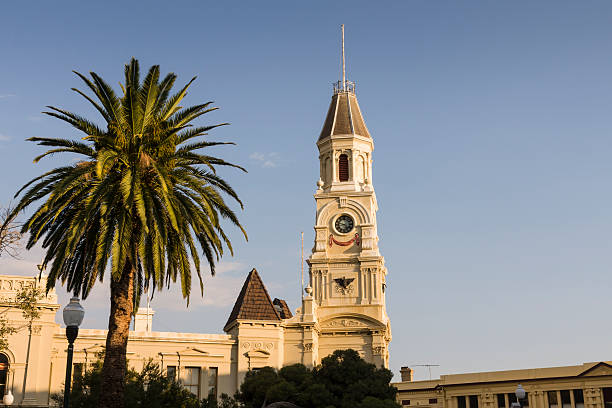 Clock tower in Fremantle, Western Australia. The tower is part of the Town hall which was opened in 1887.