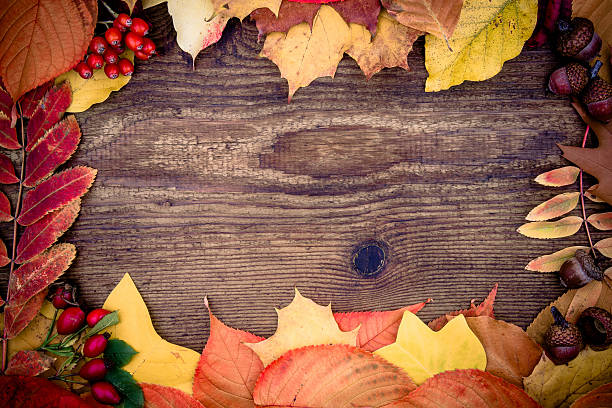 istock Old wooden board with autumn leaves 488524198