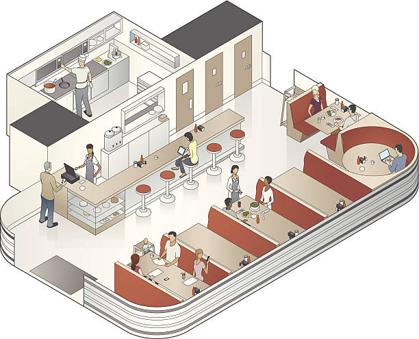 Isometric Diner Cutaway Illustration People sit in an isometric diner restaurant in this detailed cutaway illustration. diner illustrations stock illustrations