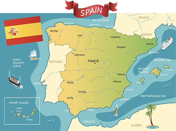 ilustraciones, imágenes clip art, dibujos animados e iconos de stock de mapa de españa - barcelona sevilla