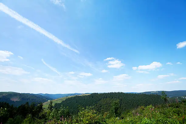 Summertime panorama of woods in Rothaargebirge and Sauerland. South of Langewiese and view to northwest.