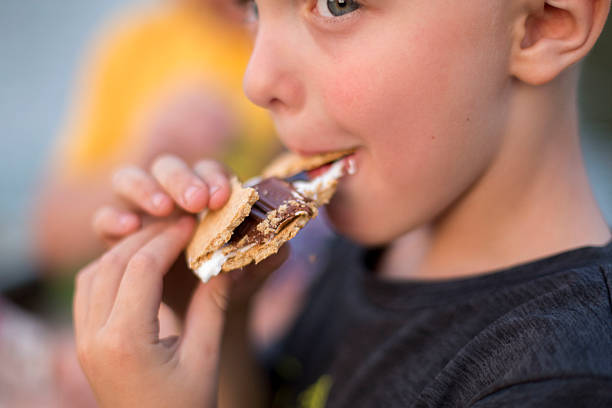 Young boy eats a s'mores An elementary age boy takes a big bite out of a s'mores and holds it with two hands. smore photos stock pictures, royalty-free photos & images
