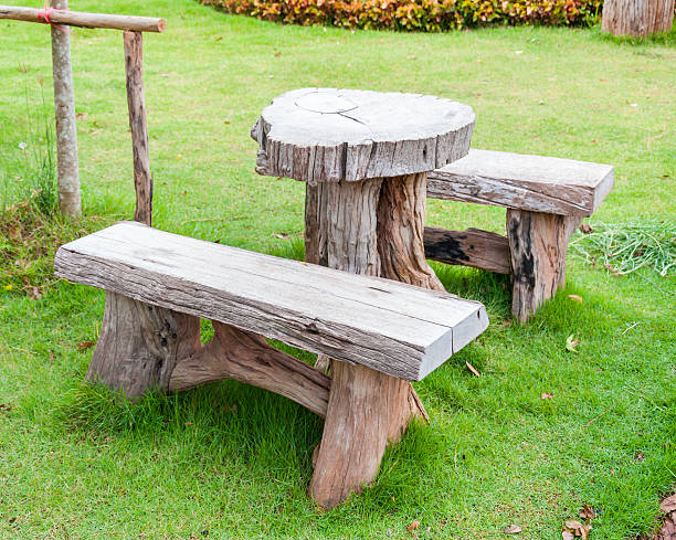 istock The empty wooden table and bench in garden or park 488528476