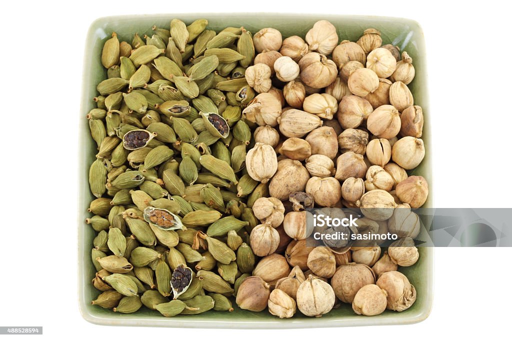 Green Cardamon and Siamese Cardamom (Camphor Seed) Dried green Cardamon pods and Round Siamese Cardamom (Camphor Seed) isolated on white 2015 Stock Photo