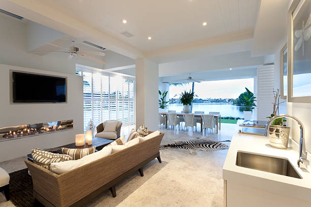 istock Charming living room with a view to a lake 488528868