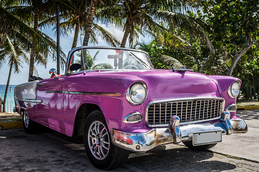 American pink classic car parked under palms near the beach in Cuba