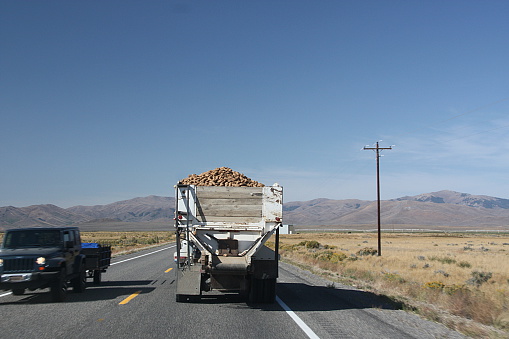 A dump truck full of potatoes travels through Idaho, a large producer of American potatoes.