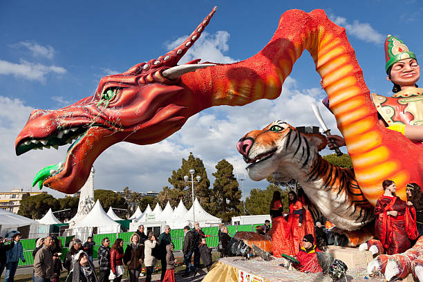 Nice, France - February 26, 2013: Gigantic float during the Carnival of Nice on the French Riviera, Nice, France. The theme for 2013 was King of the five continents