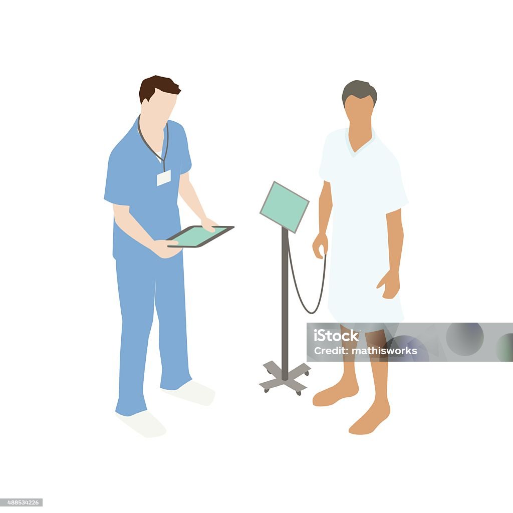 Doctor with hospital patient Royalty free illustration of a doctor, who is reviewing a tablet, and his patient in hospital gown, is presented in isometric view, in a flat vector style on a white background. Hospital Gown stock vector