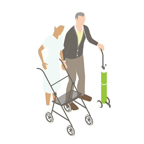 Elderly couple illustration Royalty free illustration of an elderly couple with walker and oxygen tank is presented in isometric view, in a flat vector style on a white background. person oxygen tank stock illustrations