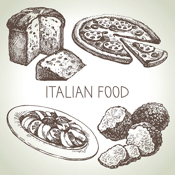 수작업 스케치를 이탈리아 음식 set.vector 일러스트 - italian cuisine minced meat tomato herb stock illustrations