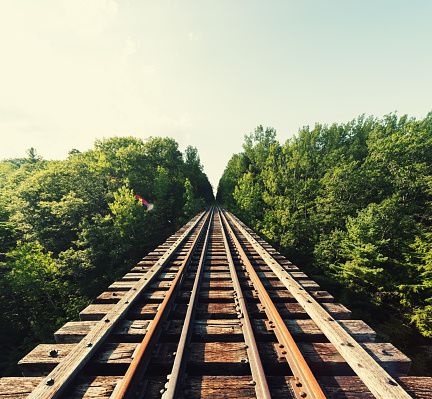 An abandoned rail road bridge spans a very deep and narrow river valley.