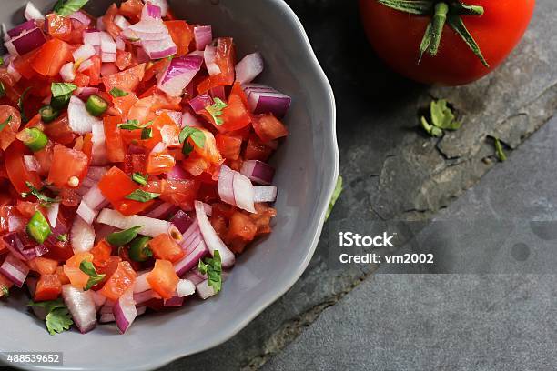 Tomato Salsa And Chips With Onion Stock Photo - Download Image Now - Salsa Sauce, 2015, Chili Pepper