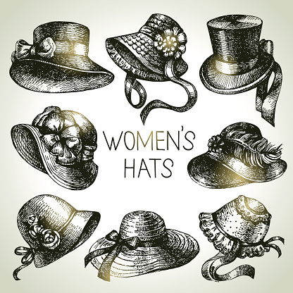 Hand drawn elegant vintage ladies set. Sketch women hats. Retro fashion vector illustration