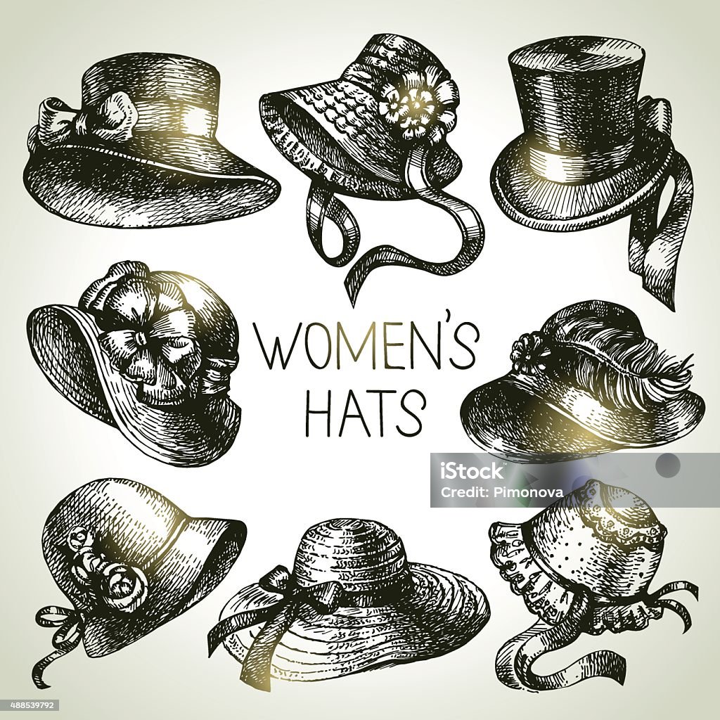 Hand drawn elegant vintage ladies set. Sketch women hats. Retro Hand drawn elegant vintage ladies set. Sketch women hats. Retro fashion vector illustration Hat stock vector