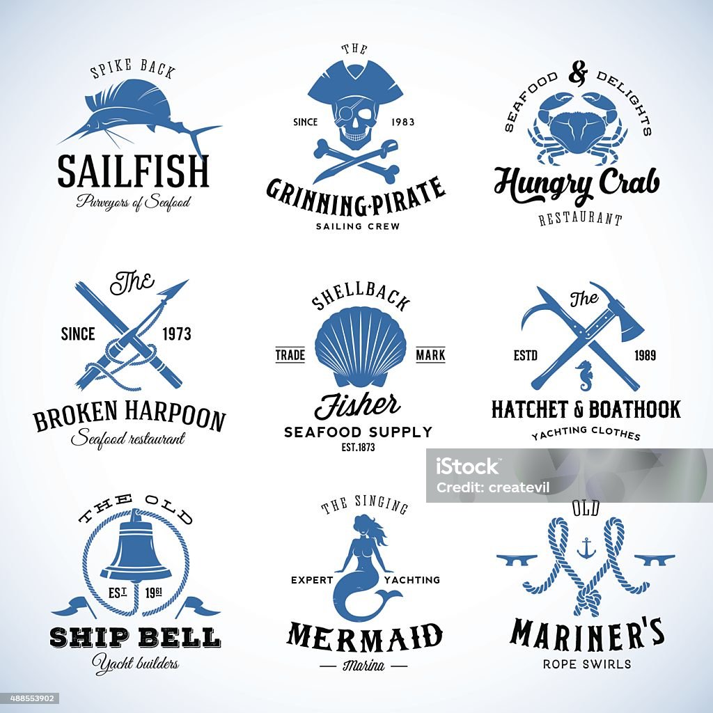 Set of Vector Vintage Nautical and Marine Labels, Signs or Set of Vector Vintage Nautical and Marine Labels, Signs or Logo Templates Which Can be Divided into Separate Design Elements. Also Great for Posters, Flayers, Restaurant Menu, etc. With Retro Typography. Isolated. Pirate - Criminal stock vector