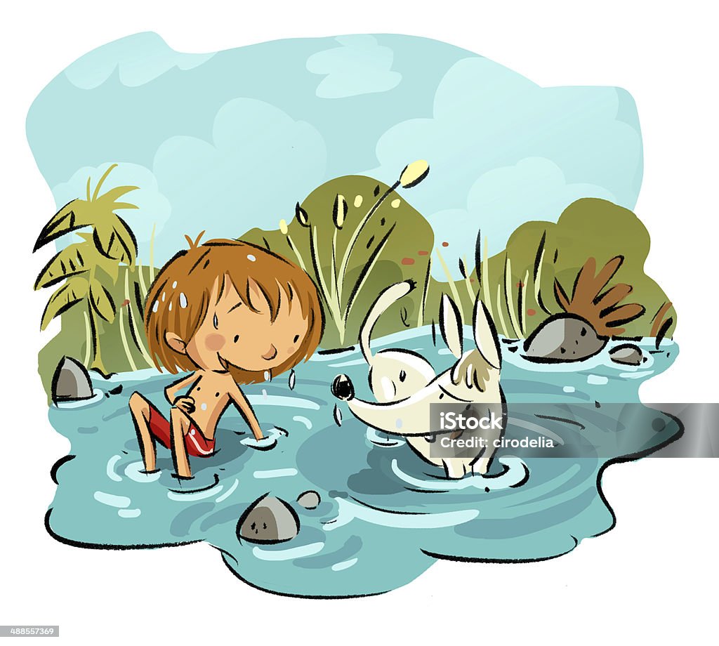 child and dog in water This image is of a boy and his dog bathing in the river, this illustration is fully made ​​computer and I am the author of the work. Animal stock illustration